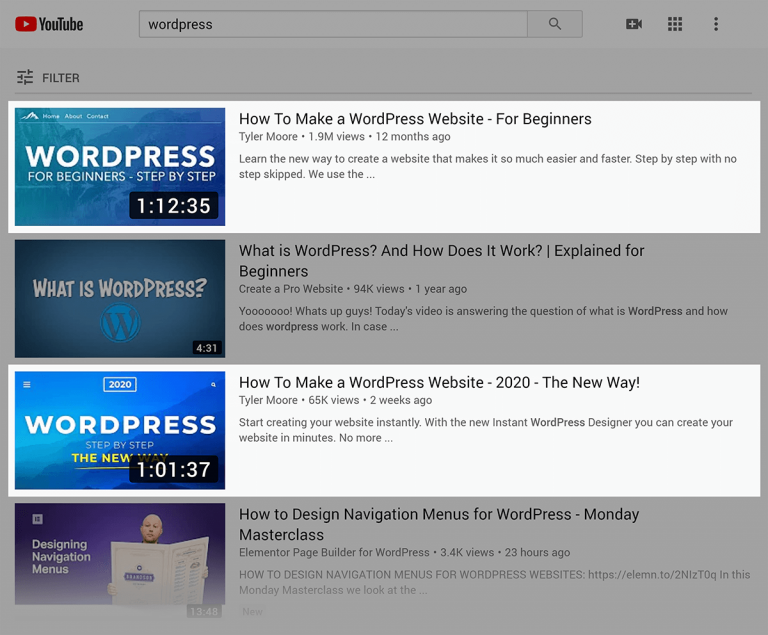 ตัวอย่างเช่นถ้าคุณค้นหาใน YouTube สำหรับคำว่า“WordPress” 2 ออกมาจากด้านบน 4 วิดีโอมีความยาวหนึ่งชั่วโมง